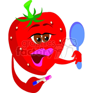 A clipart image of a cartoon strawberry with facial features holding a mirror and a lipstick.