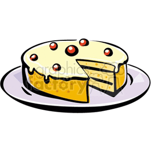 Clipart image of a sliced cake on a plate with frosting and cherries on top.