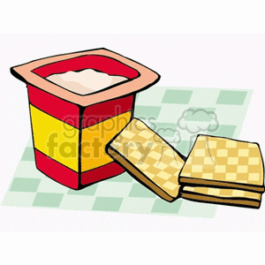 Clipart image of a container with pudding-like dessert and two waffle biscuits.