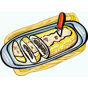 Clipart image of a sliced cake roll with a filling, displayed on a platter with a knife.