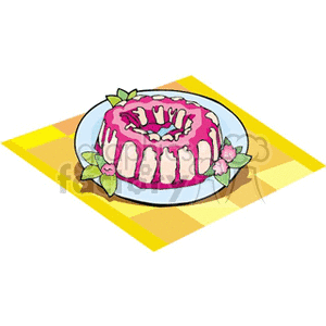 A clipart illustration of a bundt cake with pink frosting on a white plate, garnished with leaves and small pink flowers, placed on a yellow checkered cloth.