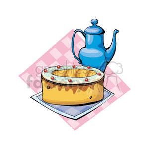 A cartoon image featuring a cake with white icing and red cherries on a platter, accompanied by a blue teapot, set against a checkered pink background.