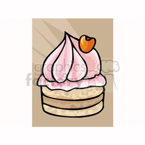 Clipart image of a layered cake with pink frosting and a cherry on top.