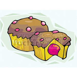 A colorful clipart image of two cupcakes with chocolate icing and pink decorations, one of which is cut to reveal a pink filling.