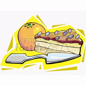 A slice of layered cake with a fruit topping and seeds, accompanied by a whole orange, with a cake server on the side.