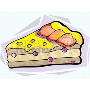 A clipart illustration of a slice of layered cake with yellow frosting and strawberries on top.