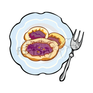 A clipart image of three pastries with fruit filling, served on a decorative plate with a fork.