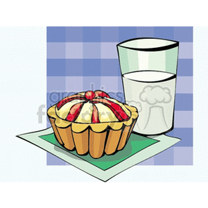 A clipart image of a dessert tart with a cherry on top, accompanied by a glass of milk, placed on a checkered background.