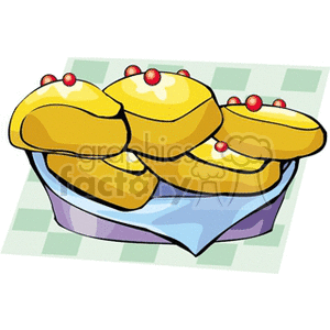 A clipart image featuring a basket of yellow pastries with red cherry toppings, placed on a checkered surface.