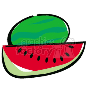 A colorful clipart image of a whole watermelon with a slice in the foreground.