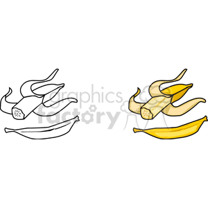 Illustration of a peeled banana with both colored and outline versions highlighting its peel and slices.