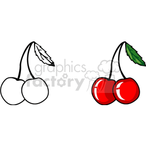 Clipart image of two sets of cherries, one black and white outline and one colored in red with a green leaf.