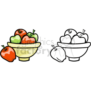 A clipart image with a color and an outline version featuring apples in a bowl.