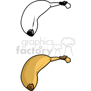 Clipart image featuring a banana in both a black and white outline and a colored version.