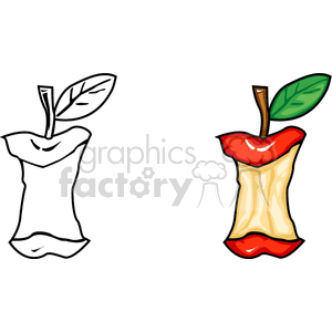 Clipart image of an apple core with one colored and one outline version. The apple appears to be eaten, showing the core and seeds.