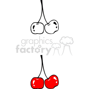 Clipart image of two cherries; one outlined and one colored red.