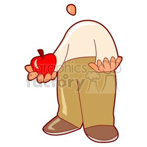 A clipart image of a person holding an apple with one hand.