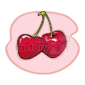 Clipart image of two red cherries with a green stem against a pink background.