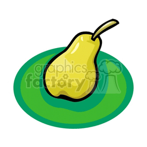 A cartoon-style illustration of a single yellow pear on a green background.