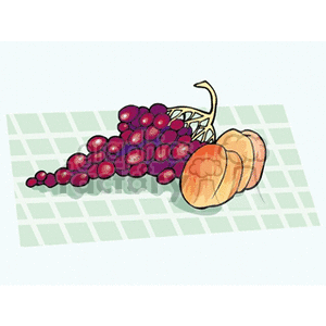 Clipart image of grapes and peaches on a checkered surface.