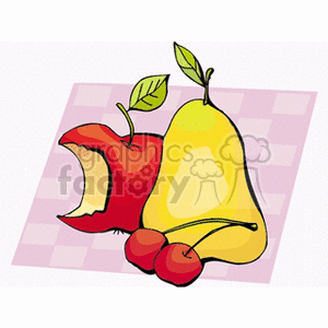 Clipart image featuring a bitten apple, a pear, and two cherries on a checkered background.