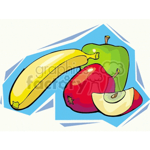 Colorful clipart of a banana, a green apple, and a red apple with a slice.