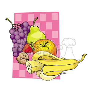 A clipart image of various fruits including grapes, a pear, a banana, a strawberry, an orange, and a walnut on a checkered pink background.