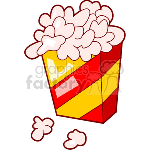 Clipart image of a popcorn box filled with popcorn. The box is red and yellow-striped with some popcorn pieces falling around it.