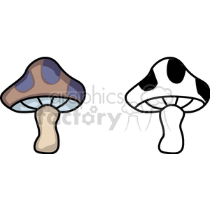 A clipart image of two cartoon mushrooms. The first mushroom has a brown and blue cap with a beige stem. The second mushroom has a black and white cap with a white stem.