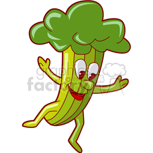 Cartoon image of a smiling broccoli character with eyes and arms, appearing happy and cheerful.