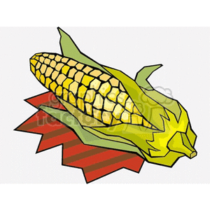 A clipart image of a yellow corn on the cob with green husk, lying on a red surface.