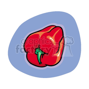 A clipart image of a red bell pepper with a green stem, set against a blue abstract background.