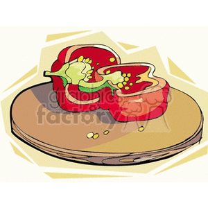 Clipart image of a red bell pepper cut in half, placed on a cutting board.