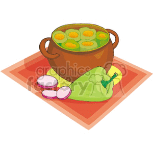 Clipart image of a brown pot with handles filled with a green soup or stew that has round yellow pieces. Alongside the pot, there are sliced radishes and a whole green pepper placed on a red and orange rectangular mat.