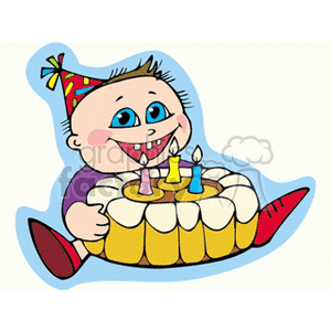 A cheerful cartoon baby wearing a party hat, holding a birthday cake with candles.