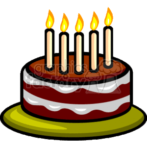   The image shows a cake decorated with candles. The cake is brown with white filling. There are several candles on top, with flames burning brightly. The cake is set on a flat green plate 