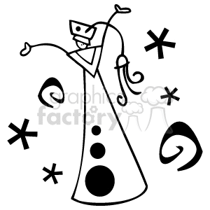 Abstract grayscale clipart of a stylized figure celebrating, surrounded by stars and swirls.