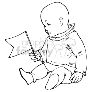 The image shows a clipart of a baby sitting down and holding a small flag. The style is simple and monochromatic, typically found in many clipart collections.