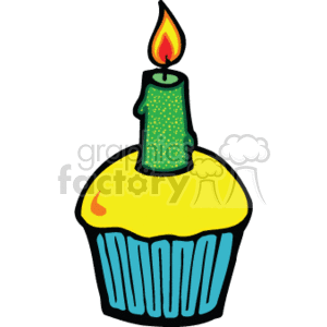 This clipart image features a single cupcake in a blue wrapper with yellow frosting, decorated with green sprinkles, and topped with one lit candle.