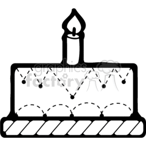 The image is a simple black and white clipart illustration of a rectangular birthday cake with a single lit candle on top. The cake features a decorative icing pattern with dots and dashed lines suggesting a country style design.
