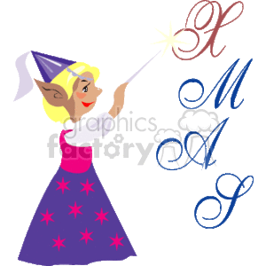   The clipart image depicts a Christmas elf girl. She is wearing a purple dress adorned with star motifs, a white apron, and a traditional elf hat. The elf is holding a wand that