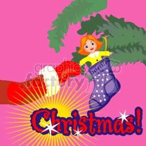 This clipart image depicts a colorful Christmas scene. It includes a Santa Claus hand holding a stocking with a doll resembling a little girl popping out of it, suggesting a toy gift. The background shows part of a Christmas tree, and there is a bright burst of light around the word Christmas! which appears in festive lettering, likely to convey the excitement of the holiday.