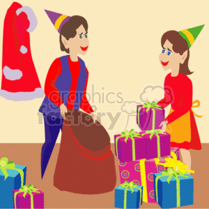   This clipart image depicts two Christmas elves, a man and a woman, surrounded by various wrapped presents. They are dressed in festive elf costumes complete with pointed hats. The man is holding a large brown sack, possibly filled with more gifts, and both elves appear to be happy and engaged in holiday activity. A Santa Claus coat is also visible in the background, suggesting the elves are in Santa