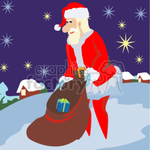  The clipart image features Santa Claus in his traditional red and white outfit standing in the snow with a large brown bag that appears to hold gifts, one of which is visible on top. It