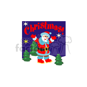   This clipart image features a festive scene with a cartoon character of Santa Claus who is standing and waving. Above him, the word Christmas is prominently displayed in red letters with a celebratory flair. In the background, there