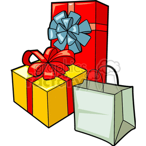 Colorful clipart image of wrapped Christmas presents with bows and a shopping bag.