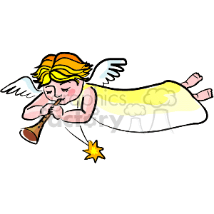 The clipart image depicts a stylized angel with wings, blowing a horn, and a star hanging from the horn's end. It represents a common Christmas decoration theme with celestial motifs associated with the holiday season.
