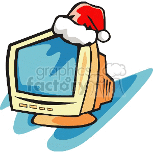 Clipart of a computer monitor wearing a Santa hat, symbolizing the festive holiday season.