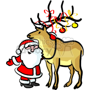 This clipart image features Santa Claus and a reindeer. Santa is depicted in his traditional red suit with white trim and a hat, kneeling beside a tan reindeer with antlers decorated with red and yellow ornaments. Both Santa and the reindeer appear to be smiling.