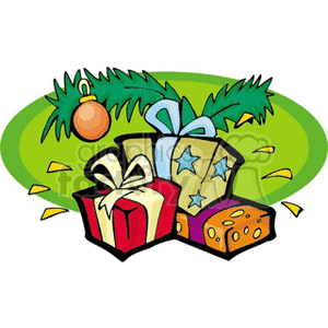 Clipart image of colorful Christmas presents with ribbons and a green branch with an ornament.